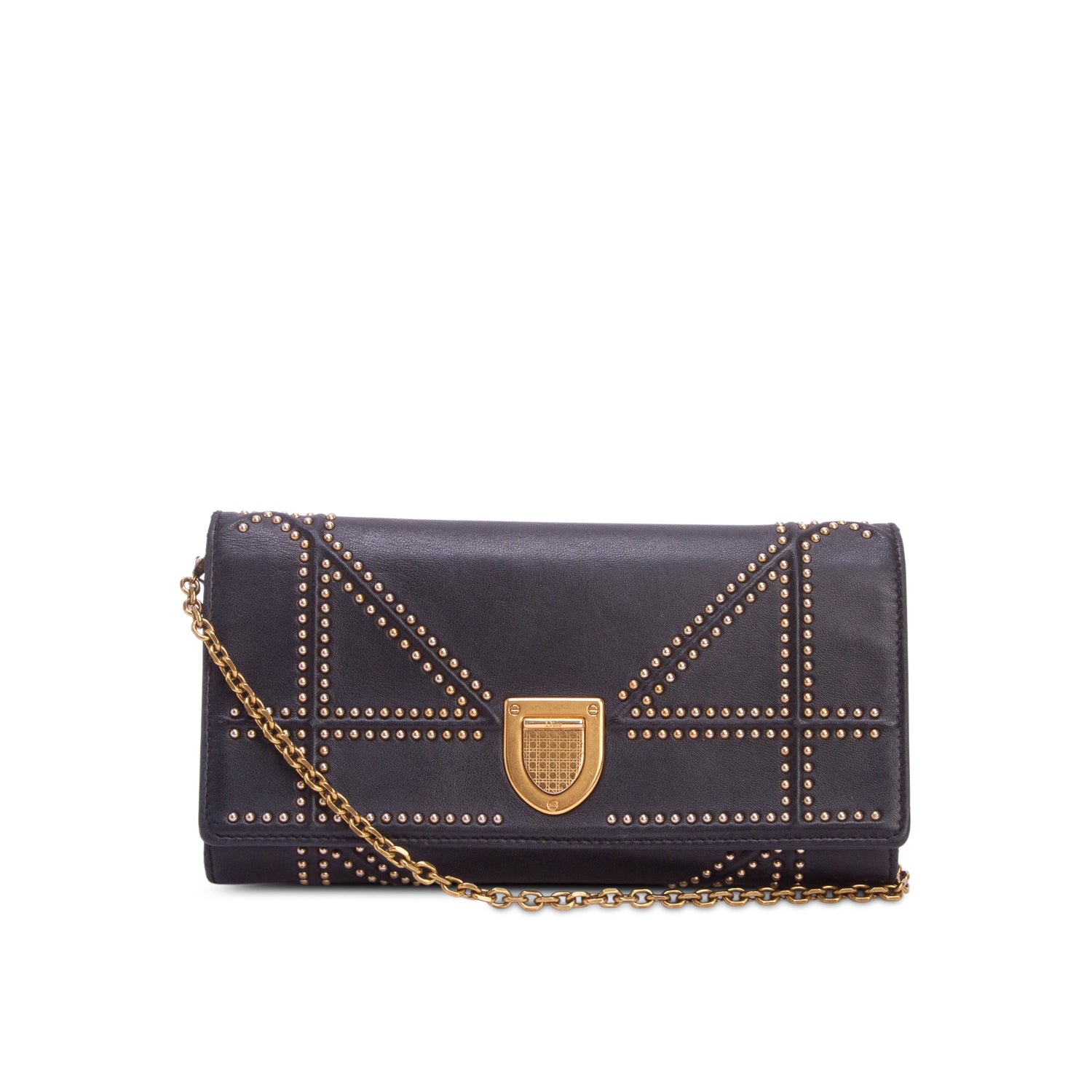 Christian Dior Black Calfskin Studded Diorama Wallet on Chain