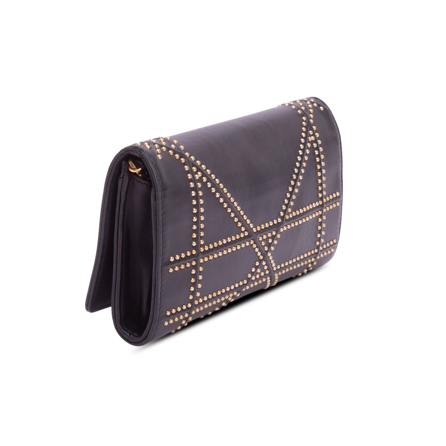 Christian Dior Black Calfskin Studded Diorama Wallet on Chain