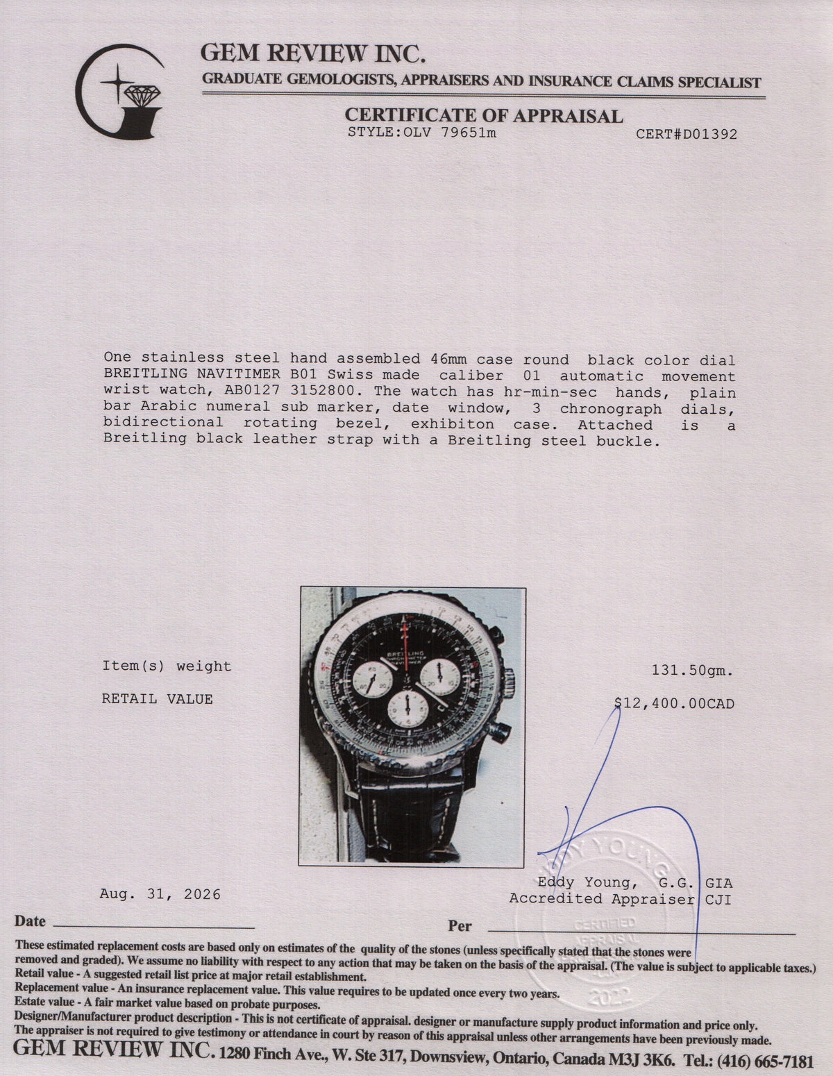 Breitling Stainless Steel Navitimer B01 46 MM Automatic Chronograph Watch Black Dial AB0127 w/ Box