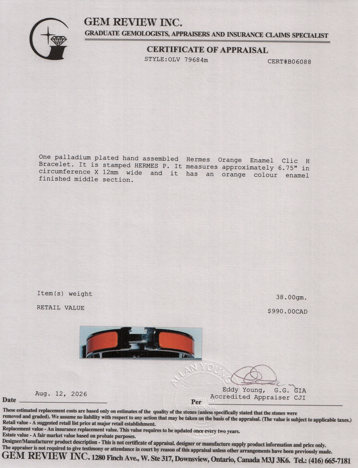 Hermes Palladium Plated Orange Enamel 12 MM Clic H Bracelet w/ Box