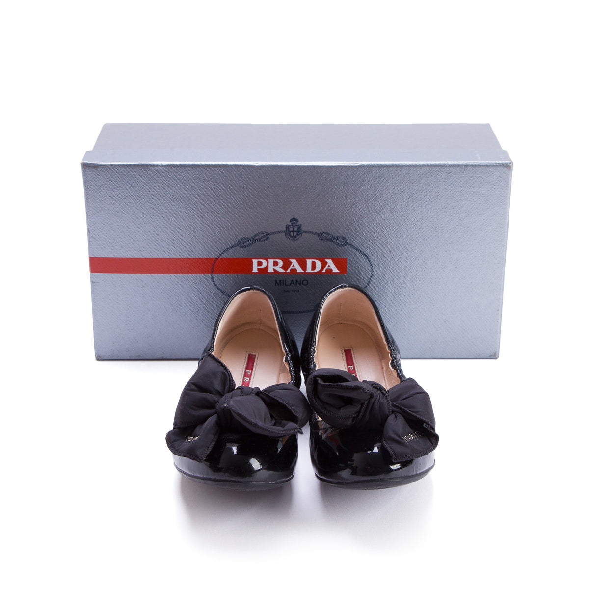 Prada Black Patent Leather Nylon Bow Flats, Women's Size 36.5 w/ Box