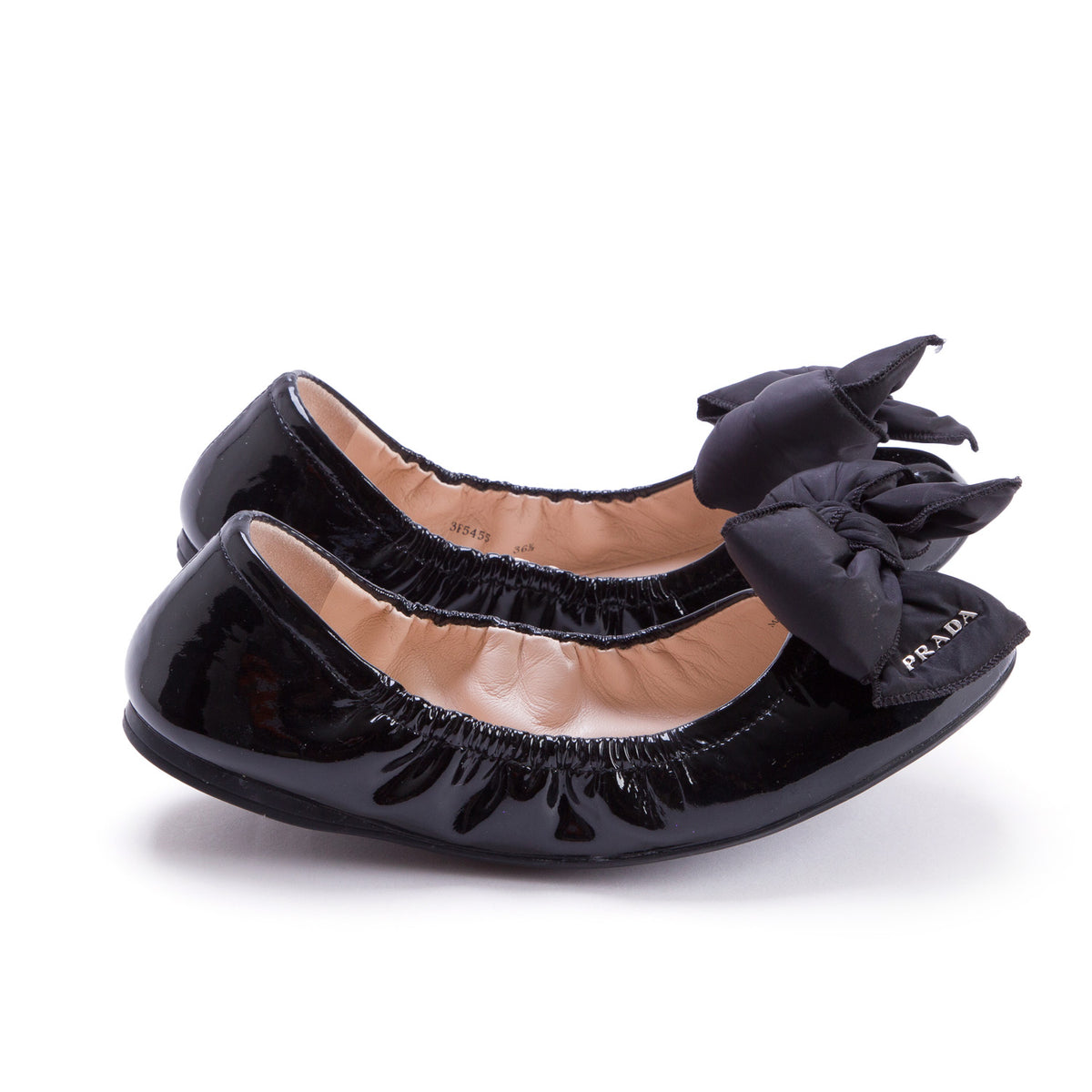 Prada Black Patent Leather Nylon Bow Flats, Women's Size 36.5 w/ Box