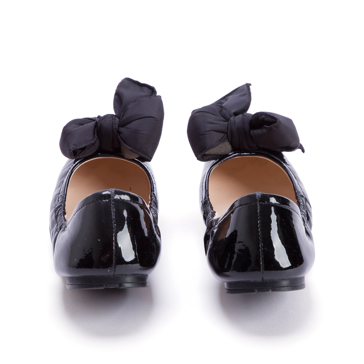 Prada Black Patent Leather Nylon Bow Flats, Women's Size 36.5 w/ Box