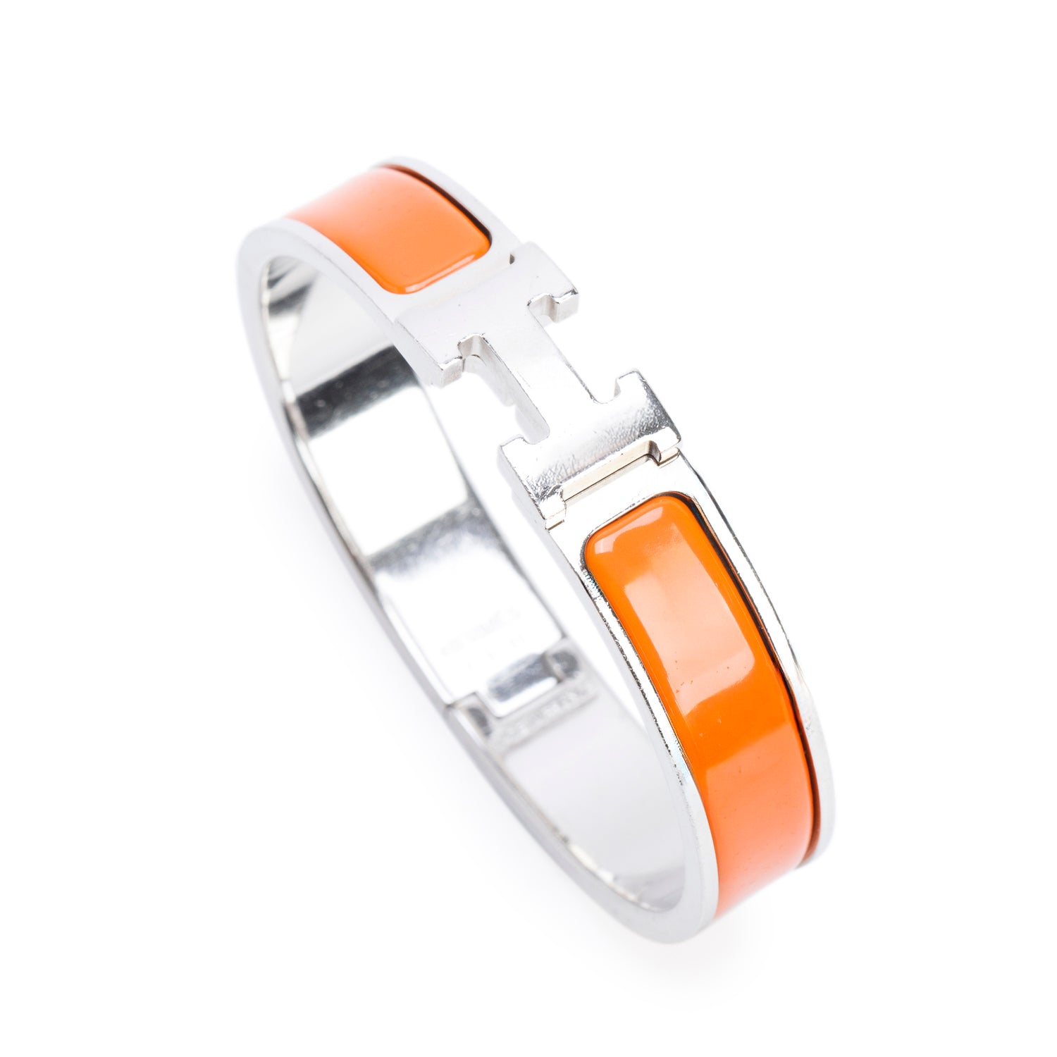 Hermes Palladium Plated Orange Enamel 12 MM Clic H Bracelet