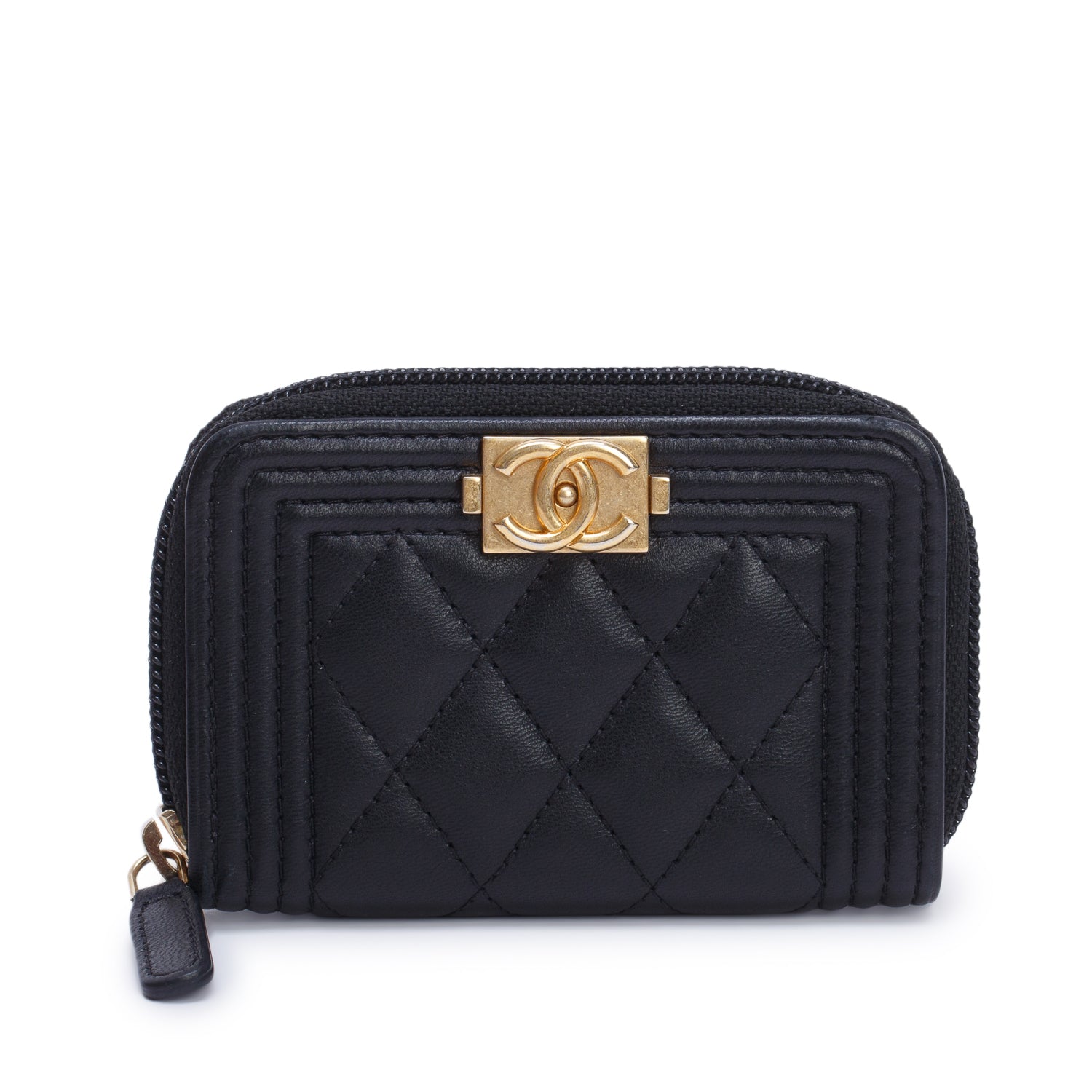 Chanel Black Quilted Lambskin Leather Boy Zip Around Coin Purse