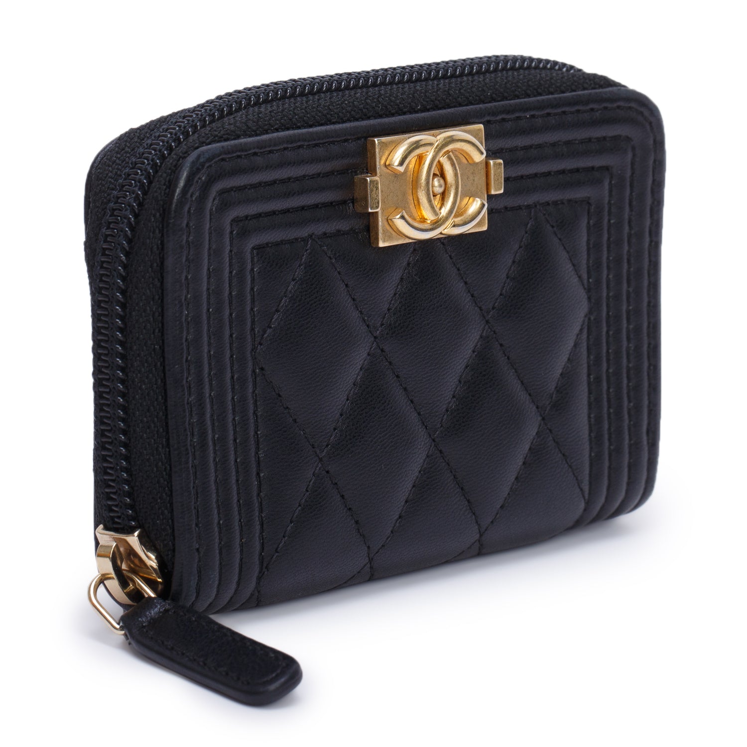 Chanel Black Quilted Lambskin Leather Boy Zip Around Coin Purse