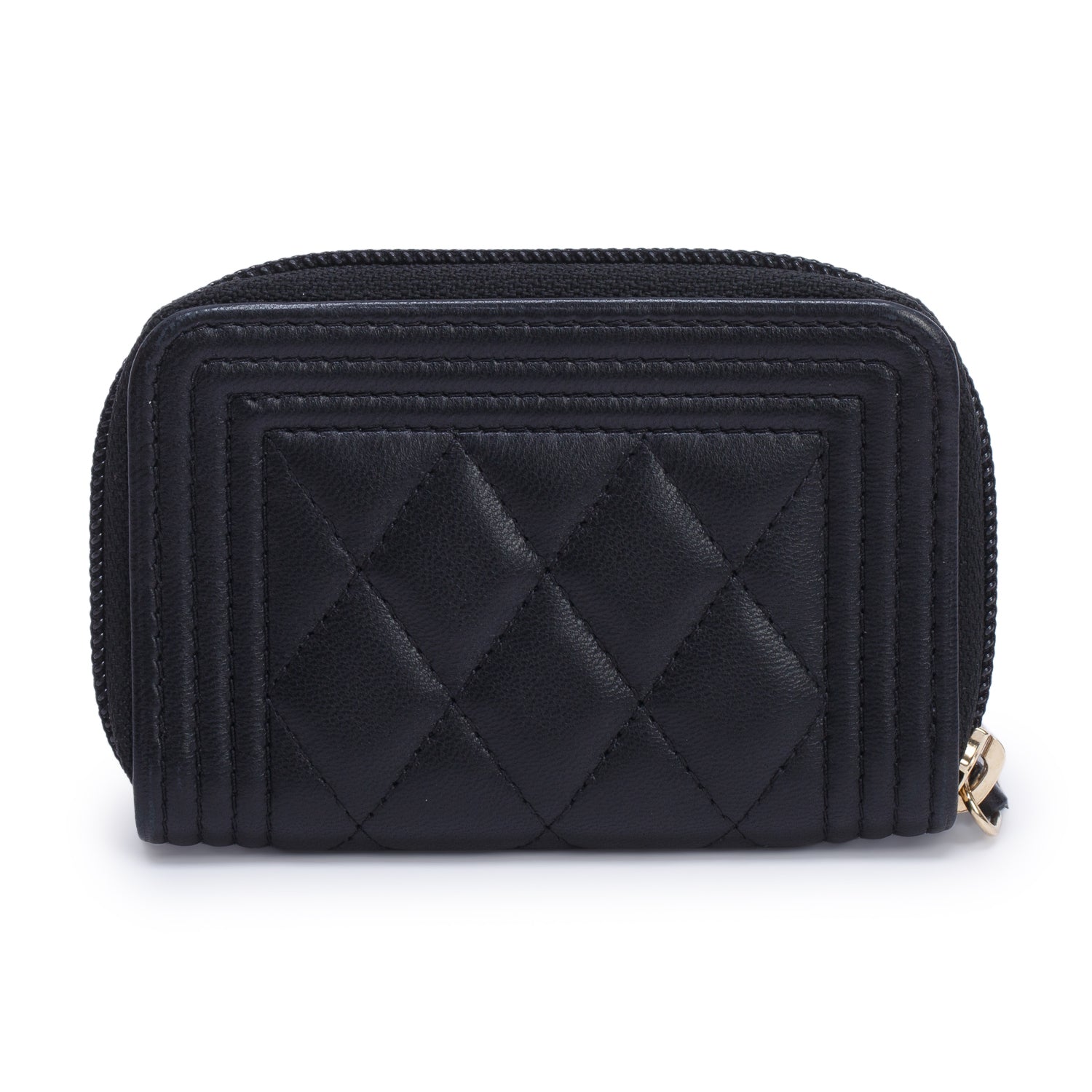 Chanel Black Quilted Lambskin Leather Boy Zip Around Coin Purse