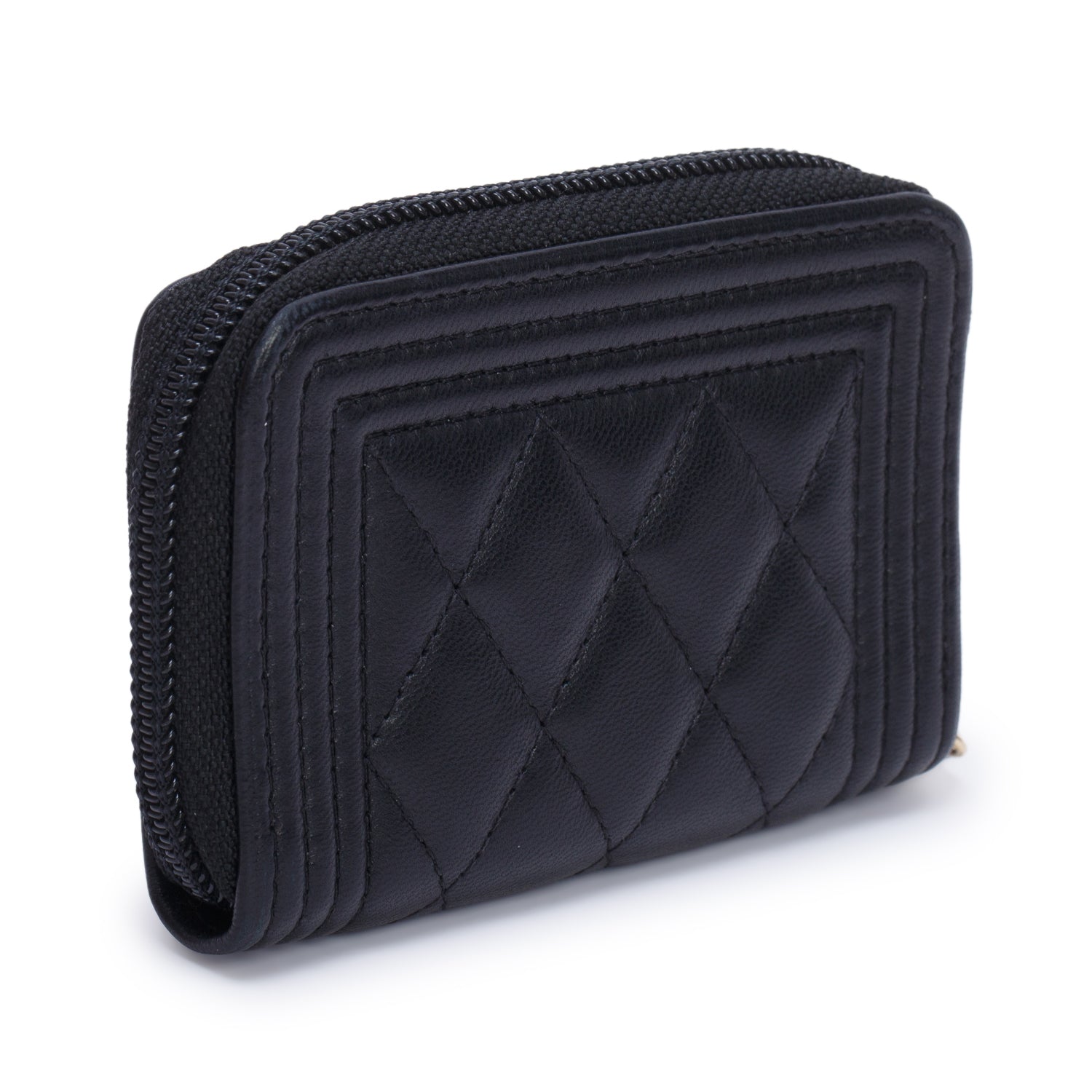 Chanel Black Quilted Lambskin Leather Boy Zip Around Coin Purse
