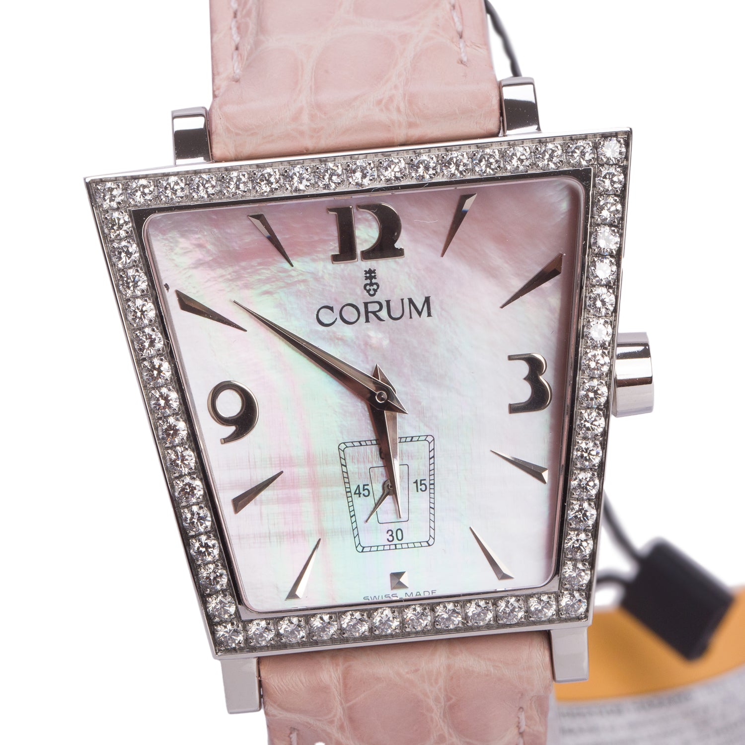 Corum Stainless Steel Diamond Bezel Trapeze 36 MM Quartz Watch Pink Mother of Pearl Dial