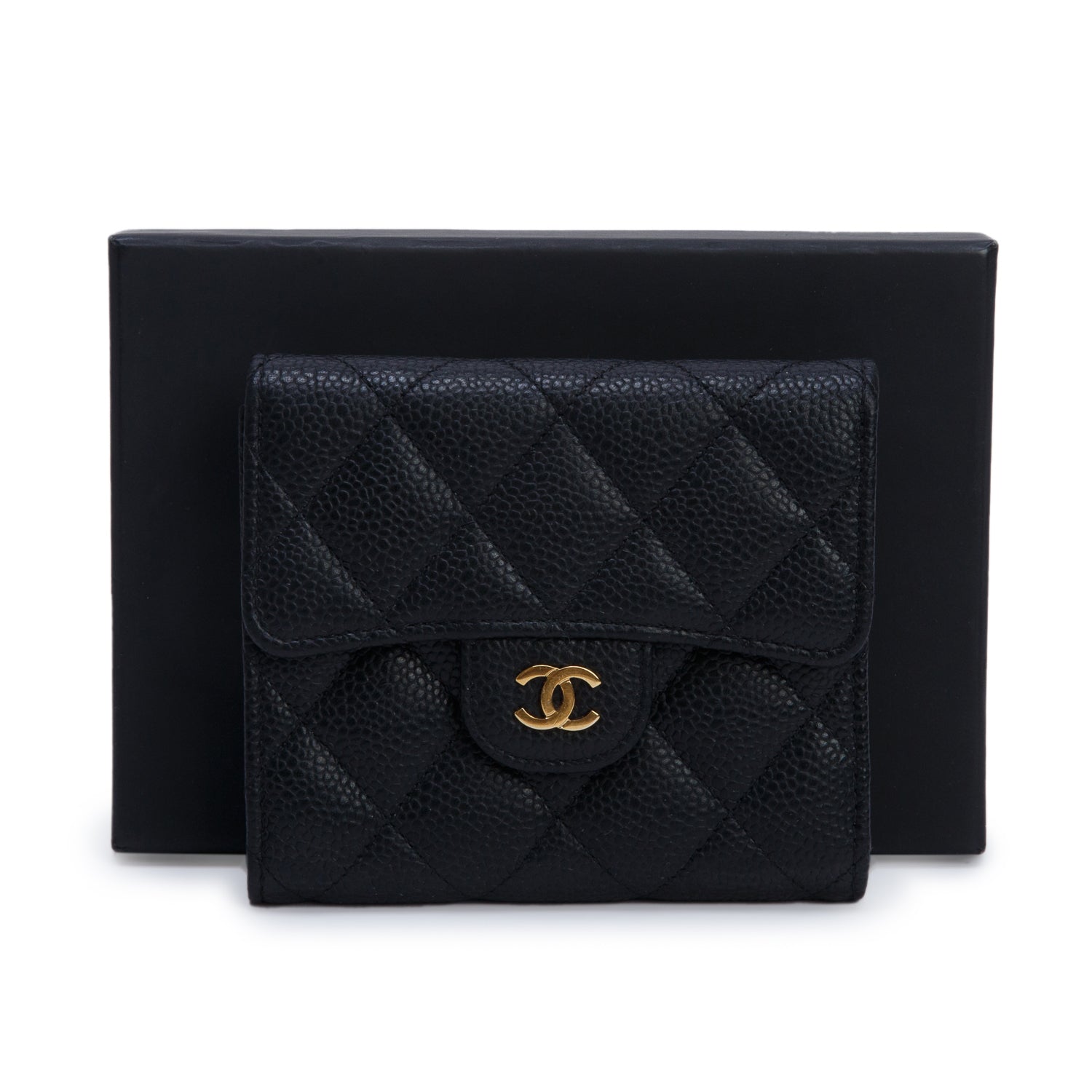 Chanel Black Quilted Caviar Small Flap Wallet w/ Box