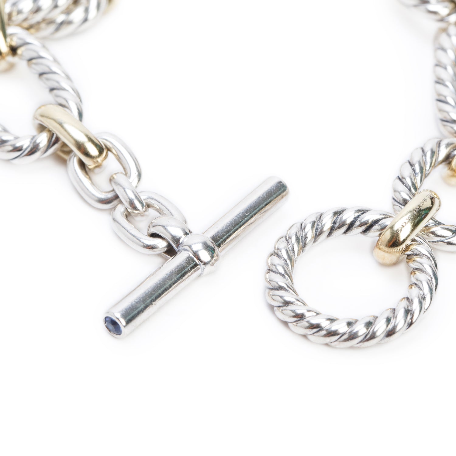 David Yurman Sterling Silver & 18k Yellow Gold Sapphire Cushion Link Chain Bracelet
