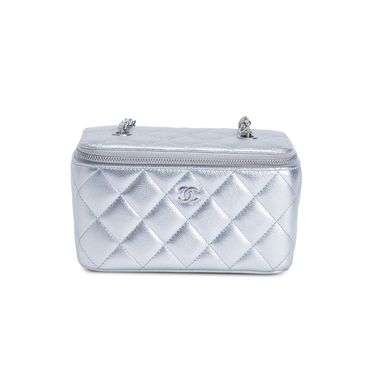 Chanel Metallic Silver Caviar Quilted Leather Small Vanity Case