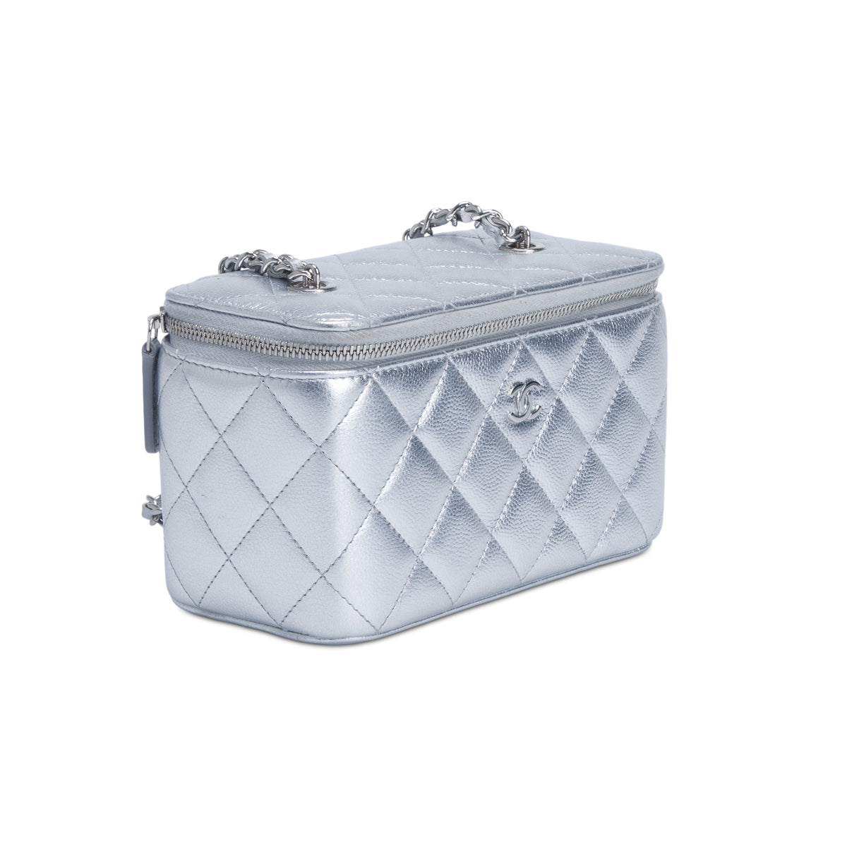 Chanel Metallic Silver Caviar Quilted Leather Small Vanity Case