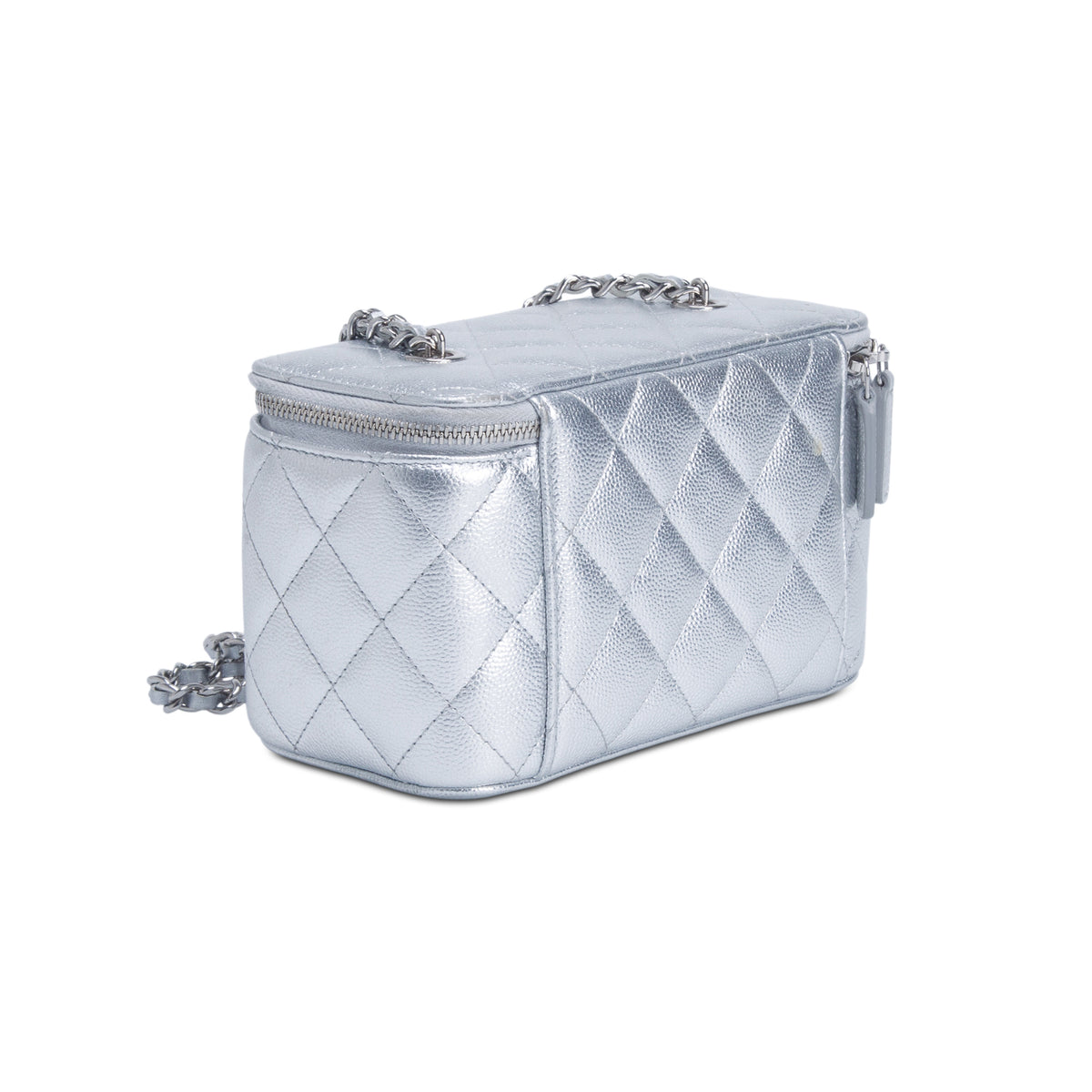 Chanel Metallic Silver Caviar Quilted Leather Small Vanity Case