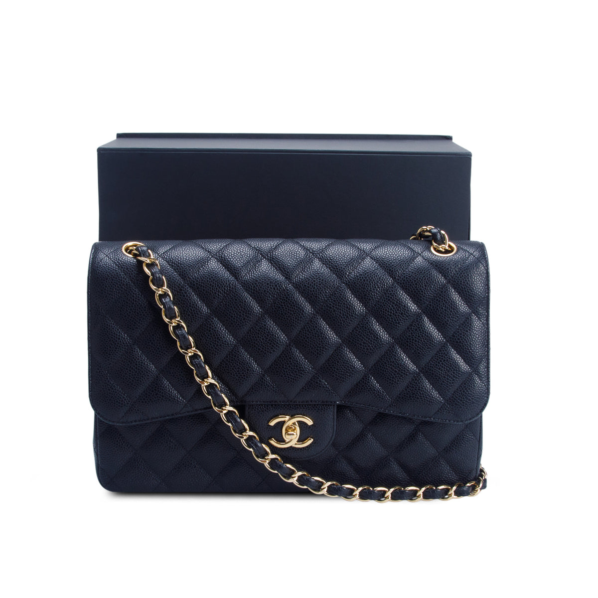 Chanel Black Quilted Caviar Leather Classic Jumbo Double Flap Bag w/ Box