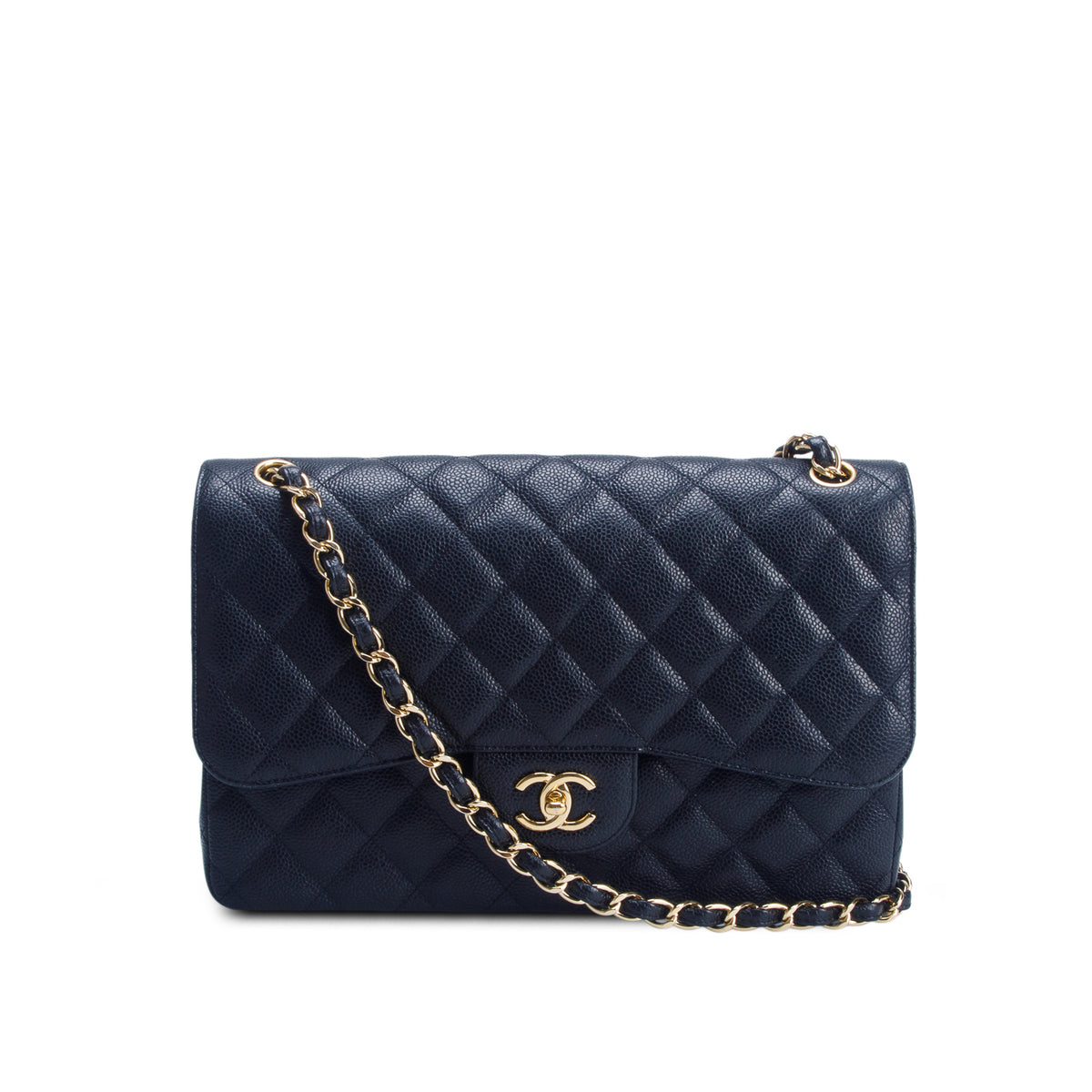 Chanel Black Quilted Caviar Leather Classic Jumbo Double Flap Bag w/ Box