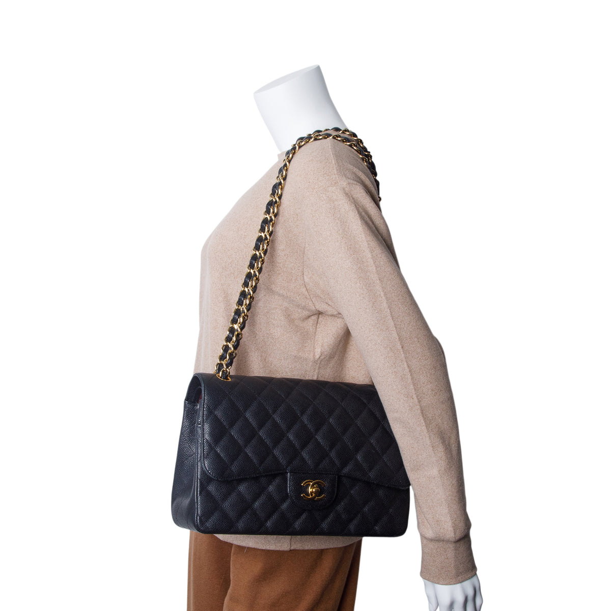 Chanel Black Quilted Caviar Leather Classic Jumbo Double Flap Bag w/ Box