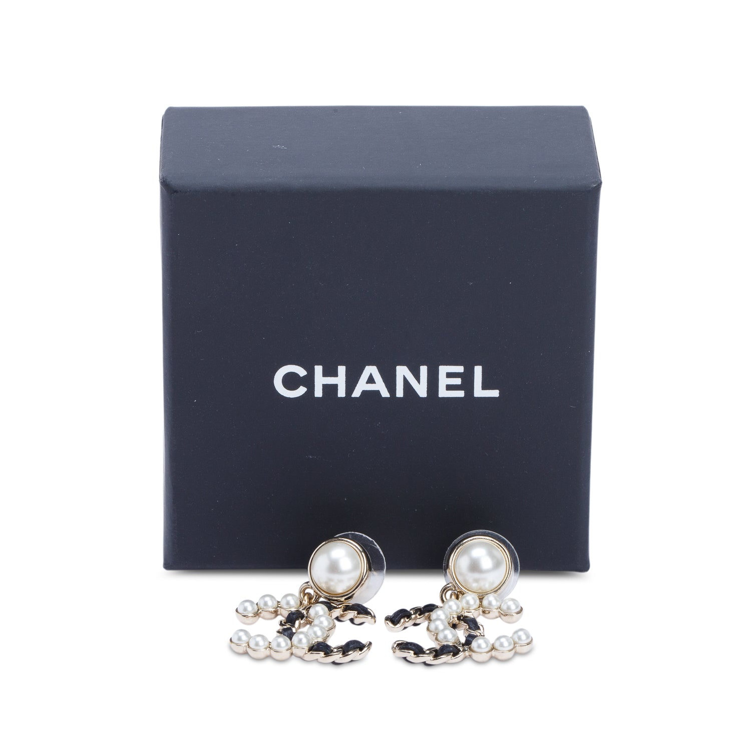 Chanel 2025 Gold-Plated Faux Pearl Black Leather CC Drop Earrings w/ Box