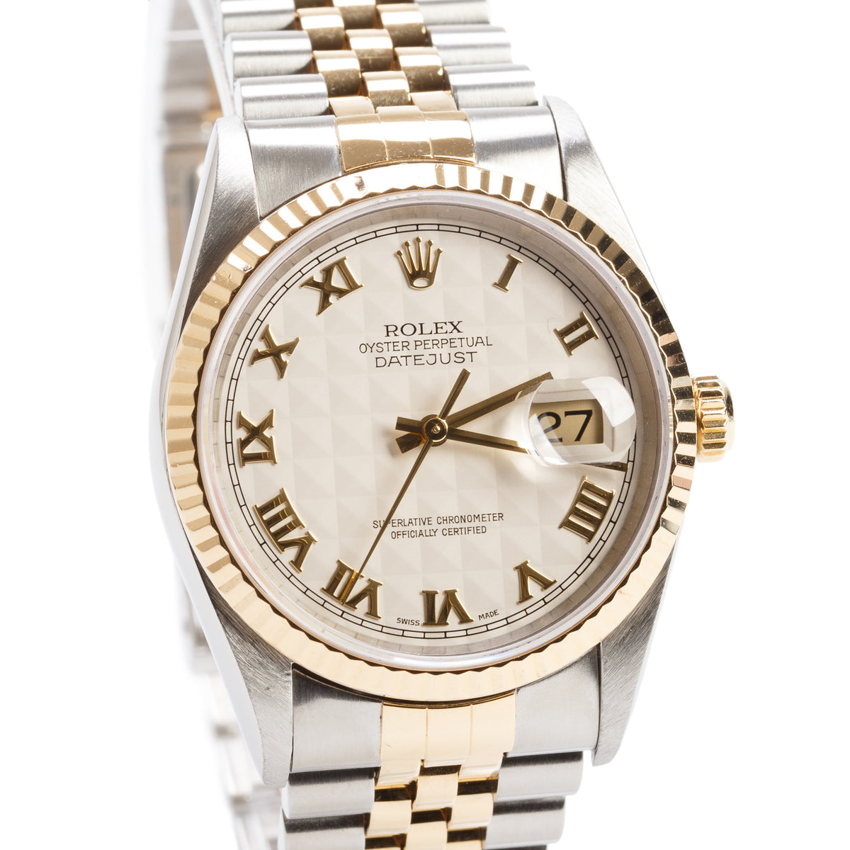 Rolex Stainless Steel & 18k Yellow Gold Datejust 36 MM Automatic Watch Ivory Pyramid Dial 16233