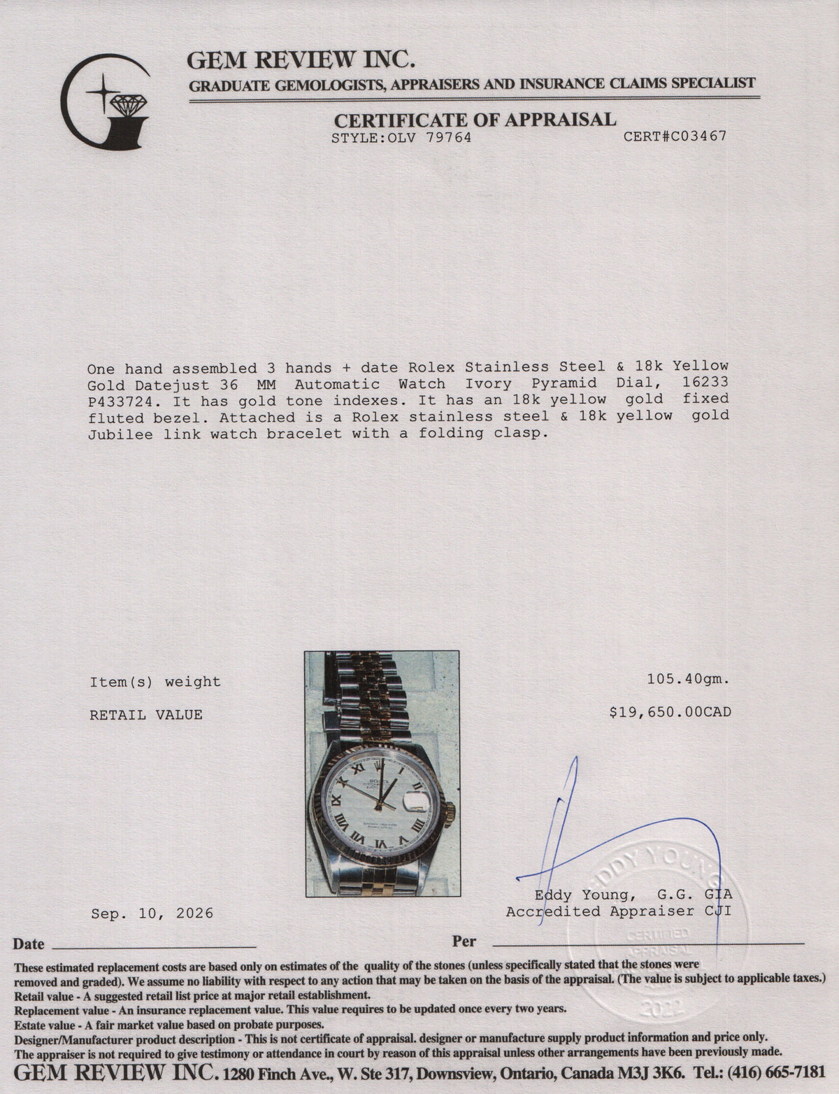 Rolex Stainless Steel & 18k Yellow Gold Datejust 36 MM Automatic Watch Ivory Pyramid Dial 16233