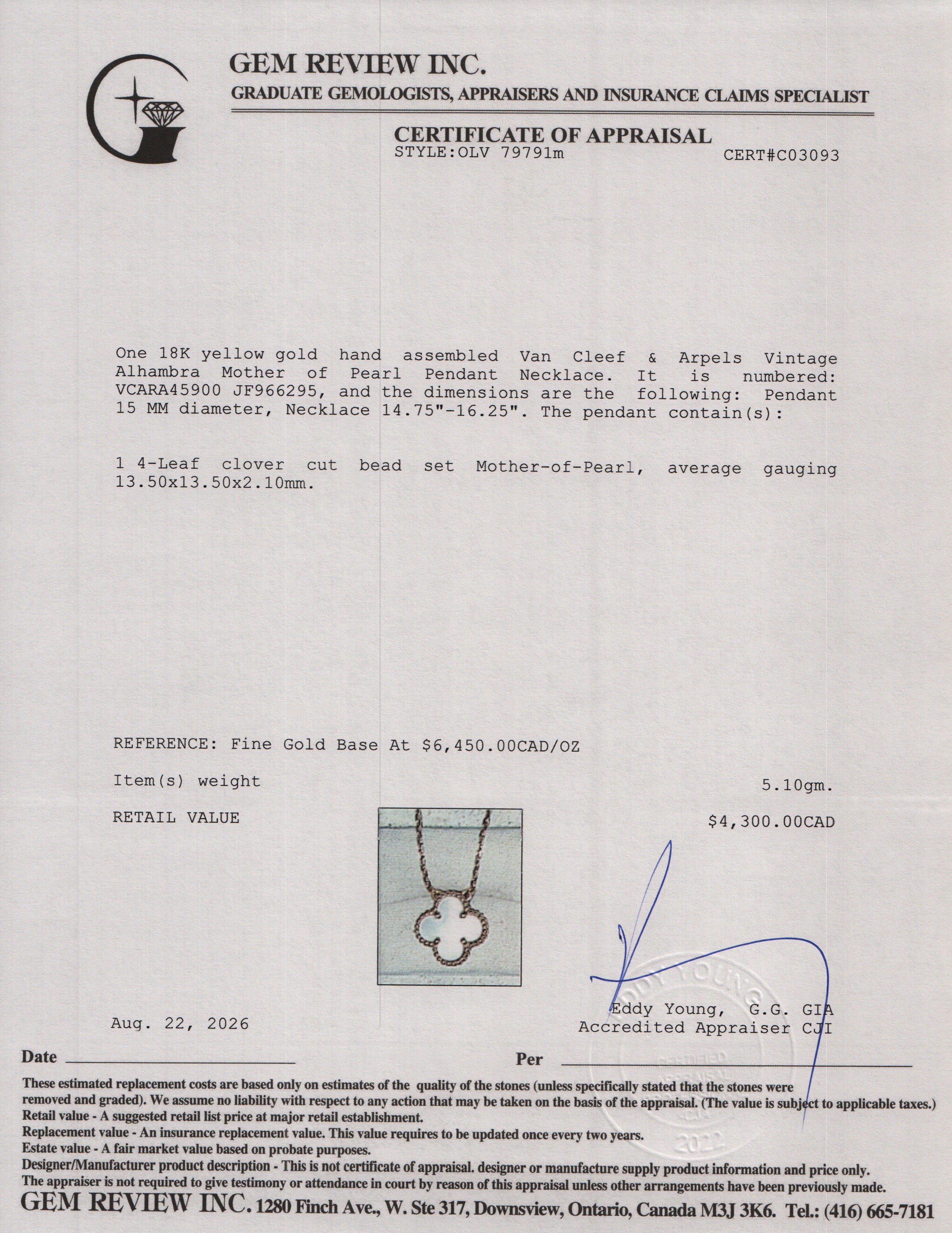 Van Cleef & Arpels 2023 18k Yellow Gold Vintage Alhambra Mother of Pearl Pendant Necklace w/ Box, Receipt & Certificate
