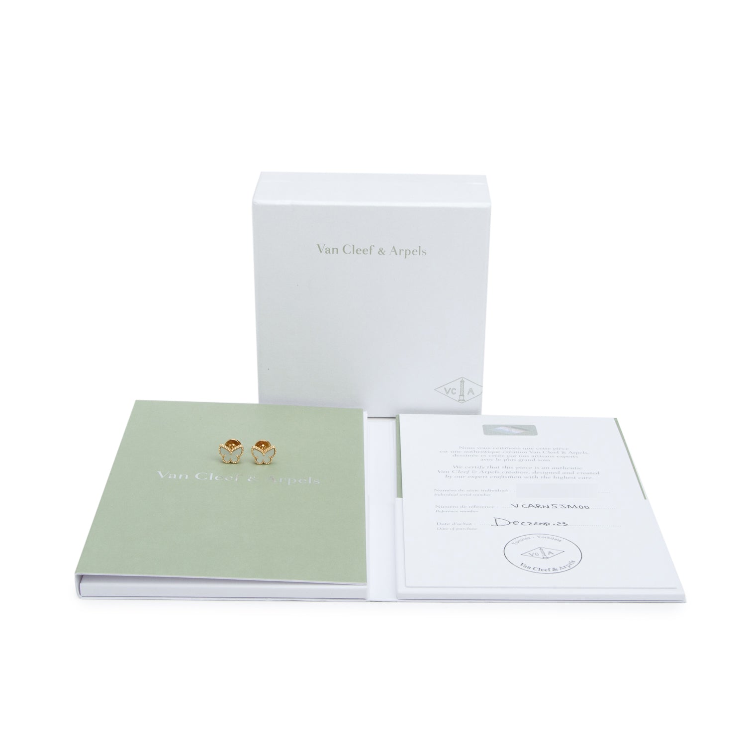Van Cleef & Arpels 2023 18k Yellow Gold Sweet Butterflies Mother of Pearl Stud Earrings w/ Box, Receipt & Certificate
