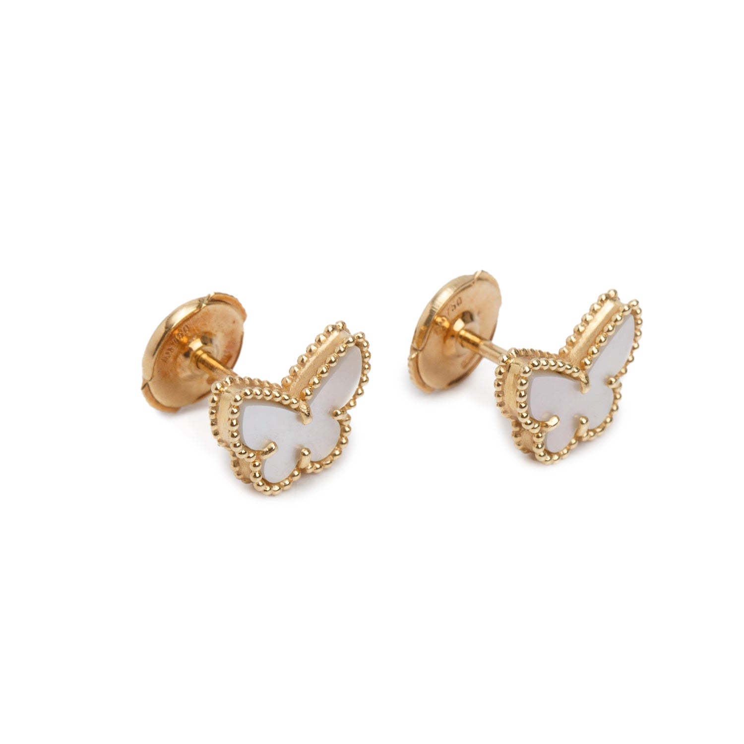 Van Cleef & Arpels 2023 18k Yellow Gold Sweet Butterflies Mother of Pearl Stud Earrings w/ Box, Receipt & Certificate