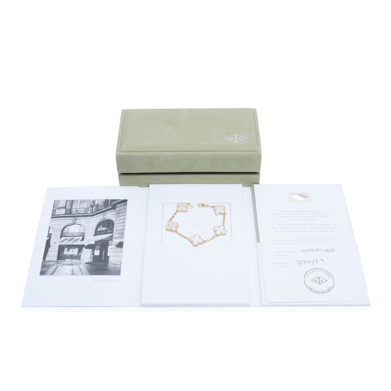 Van Cleef & Arpels 2024 18k Yellow Gold Vintage Alhambra 5 Motif Mother of Pearl Bracelet w/ Box, Receipt & Certificate