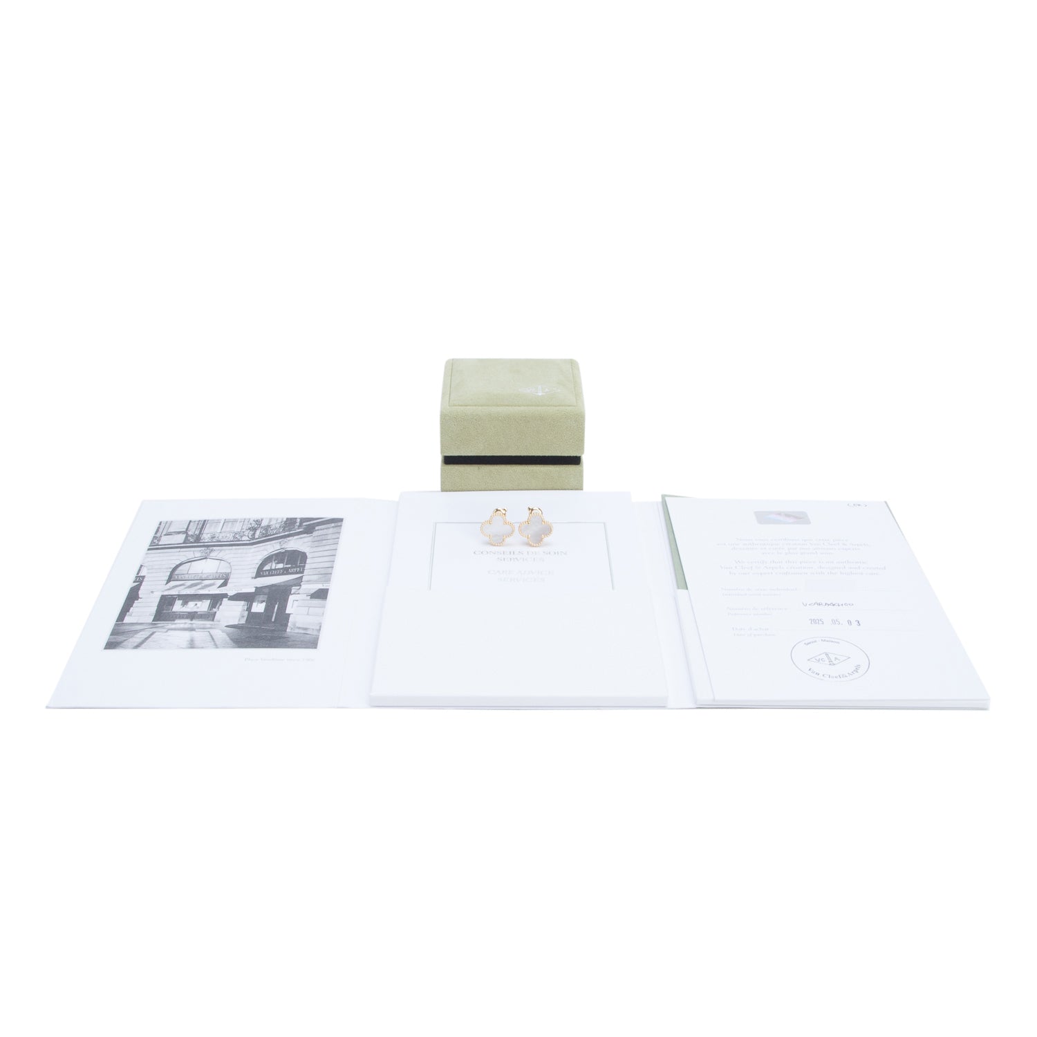 Van Cleef & Arpels 2025 18k Yellow Gold Vintage Alhambra Mother of Pearl Stud Earrings w/ Box, Receipt & Certificate