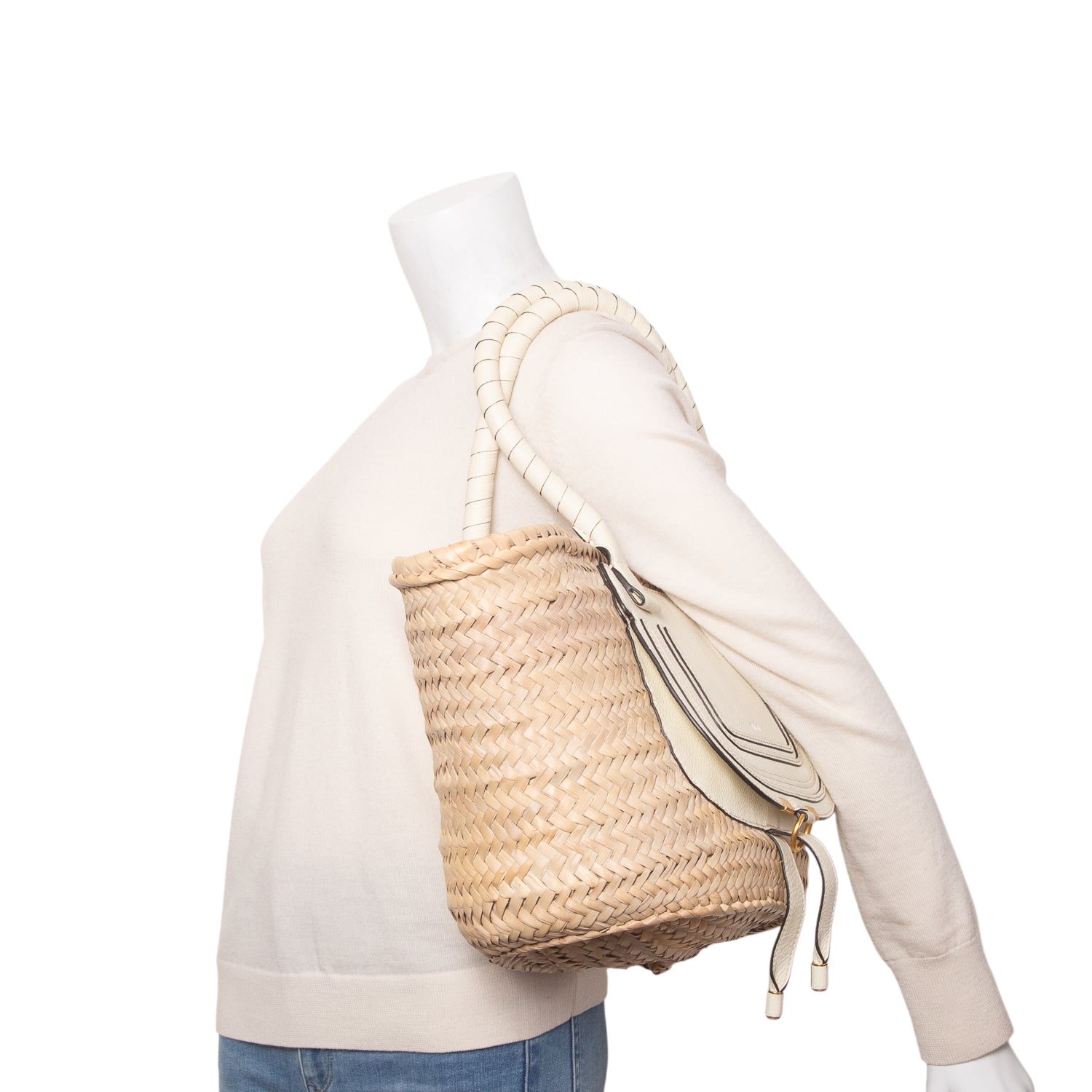Chloe 2020 White Raffia Grain Calfskin Medium Marcie Basket Bag w/ Authenticity Card