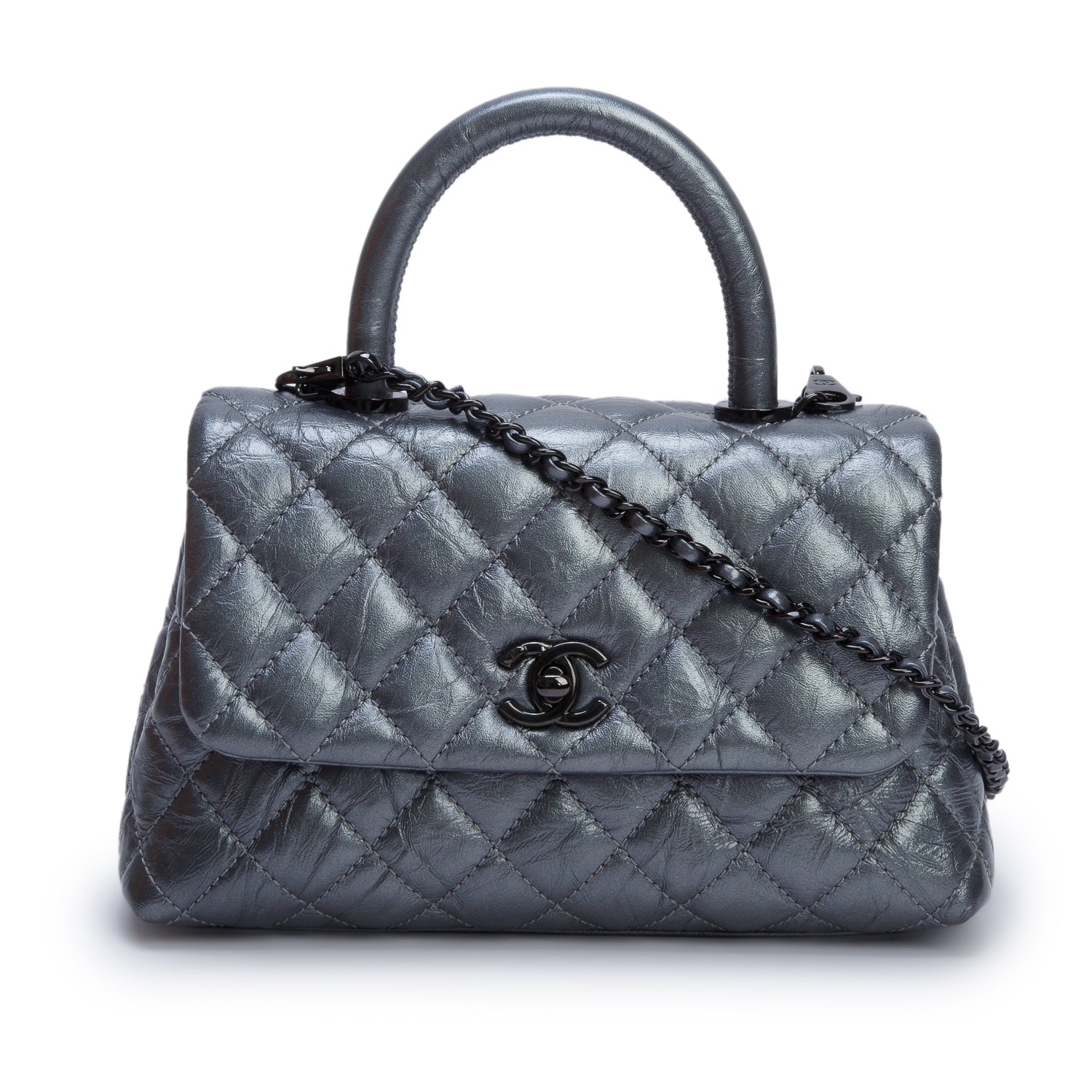 Chanel Grey Metallic Aged Calfskin Quilted Mini Coco Handle Flap