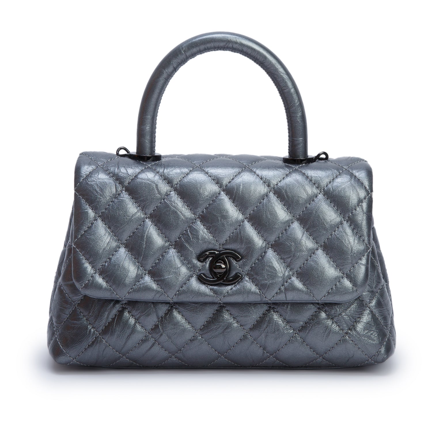 Chanel Grey Metallic Aged Calfskin Quilted Mini Coco Handle Flap