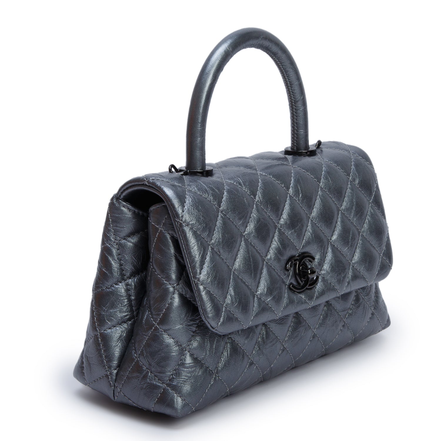 Chanel Grey Metallic Aged Calfskin Quilted Mini Coco Handle Flap