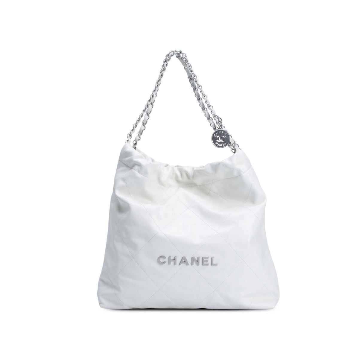 Chanel 2026 White Shiny Calfskin Quilted Large 22 w/ Pouch & Receipt