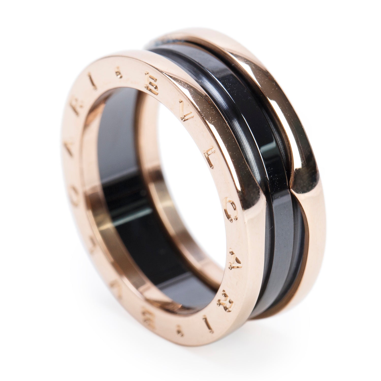 BVLGARI 18k Rose Gold Black Ceramic B.Zero1 Two-Band Ring, Size 59 8.75