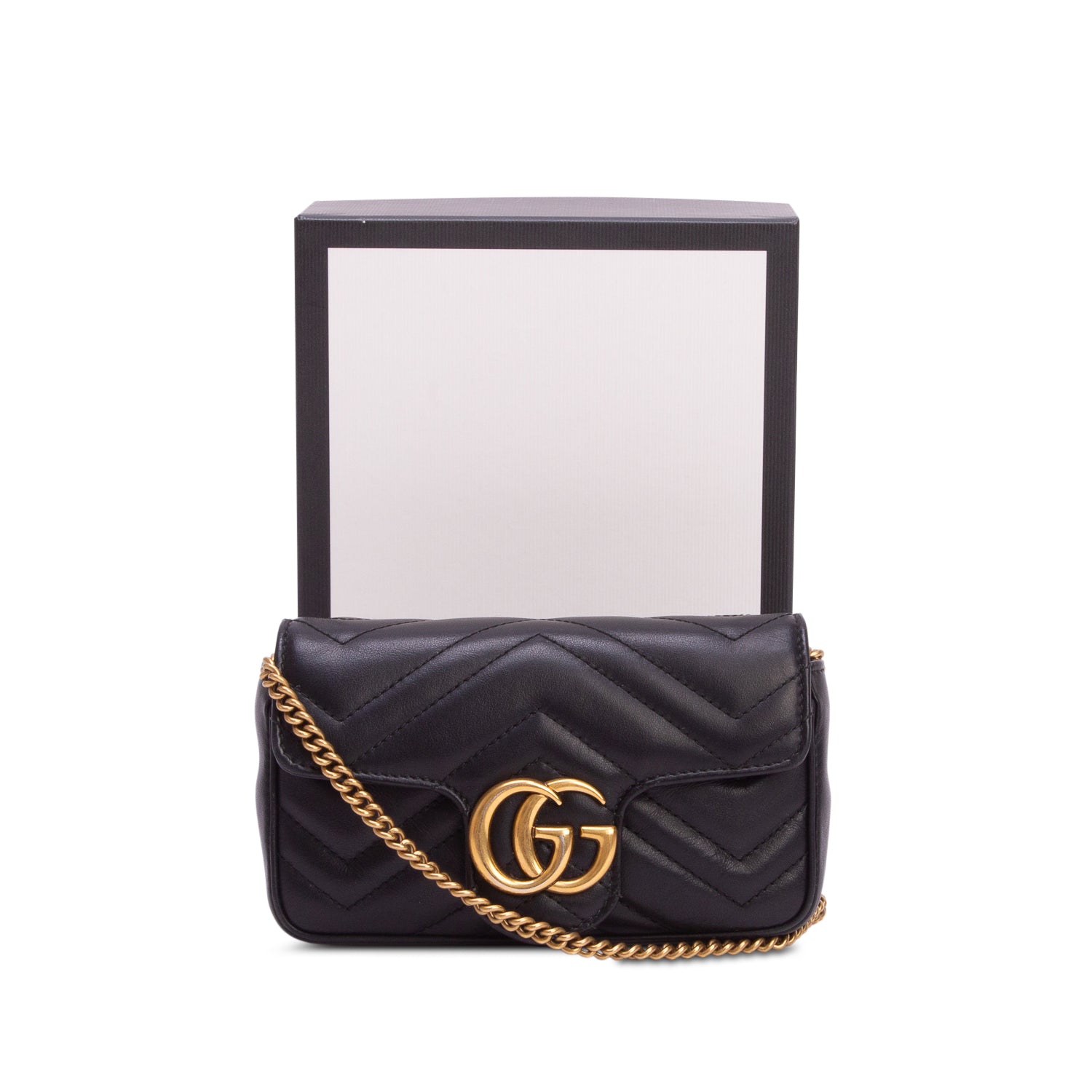 Gucci Black GG Marmont Matelasse Leather Super Mini Bag w/ Box