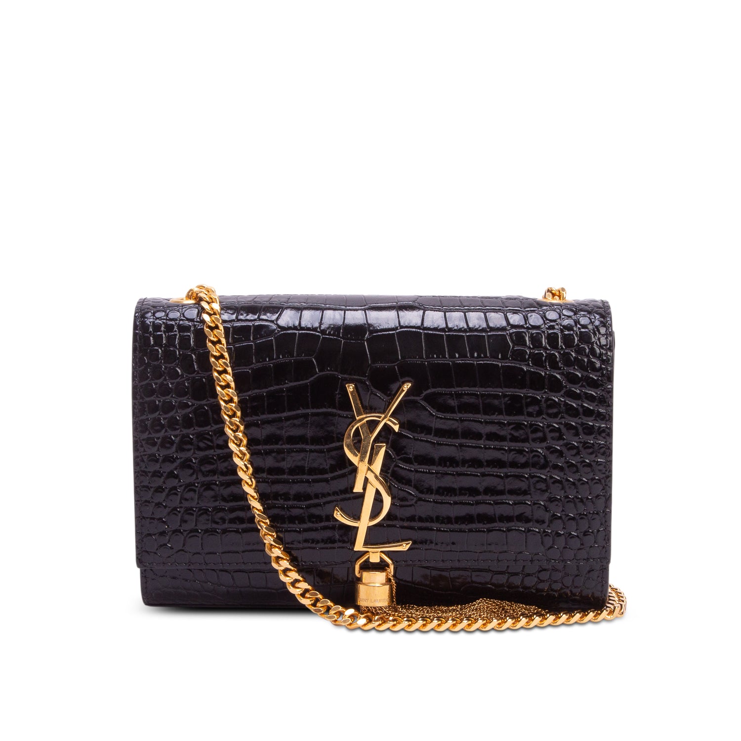 Saint Laurent 2022 Black Croc-Embossed Leather Small Classic Monogram Kate Tassel Chain Bag