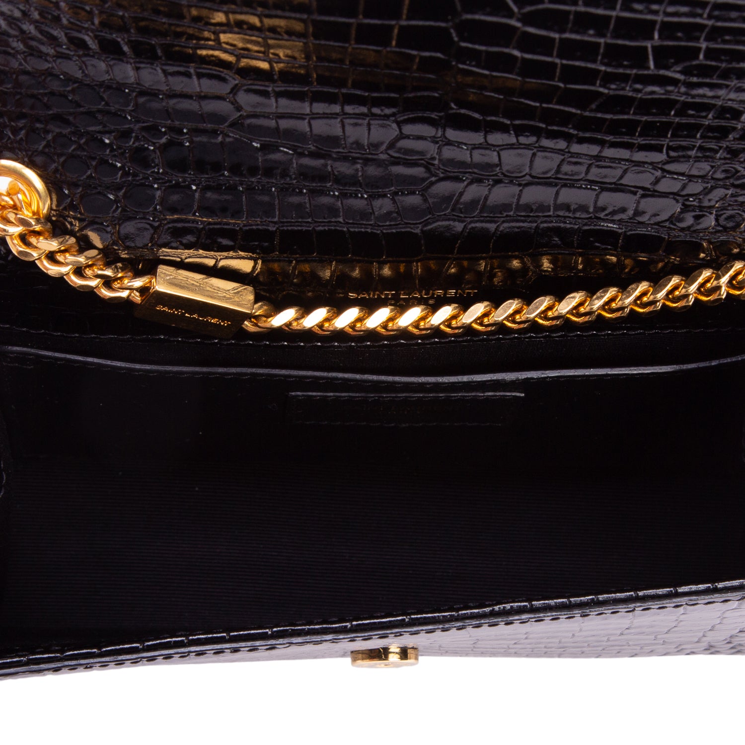 Saint Laurent 2022 Black Croc-Embossed Leather Small Classic Monogram Kate Tassel Chain Bag