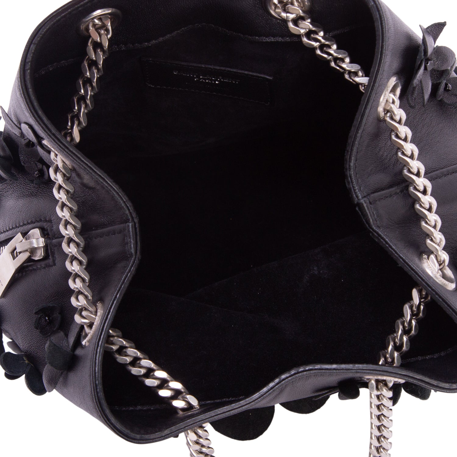 Saint Laurent Black Calfskin Floral Applique Emmanuel BB Bucket Bag