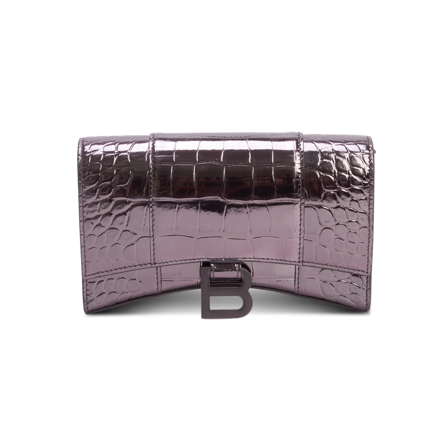 Balenciaga Grey Shiny Calfskin Croc Embossed Hourglass Wallet on Chain