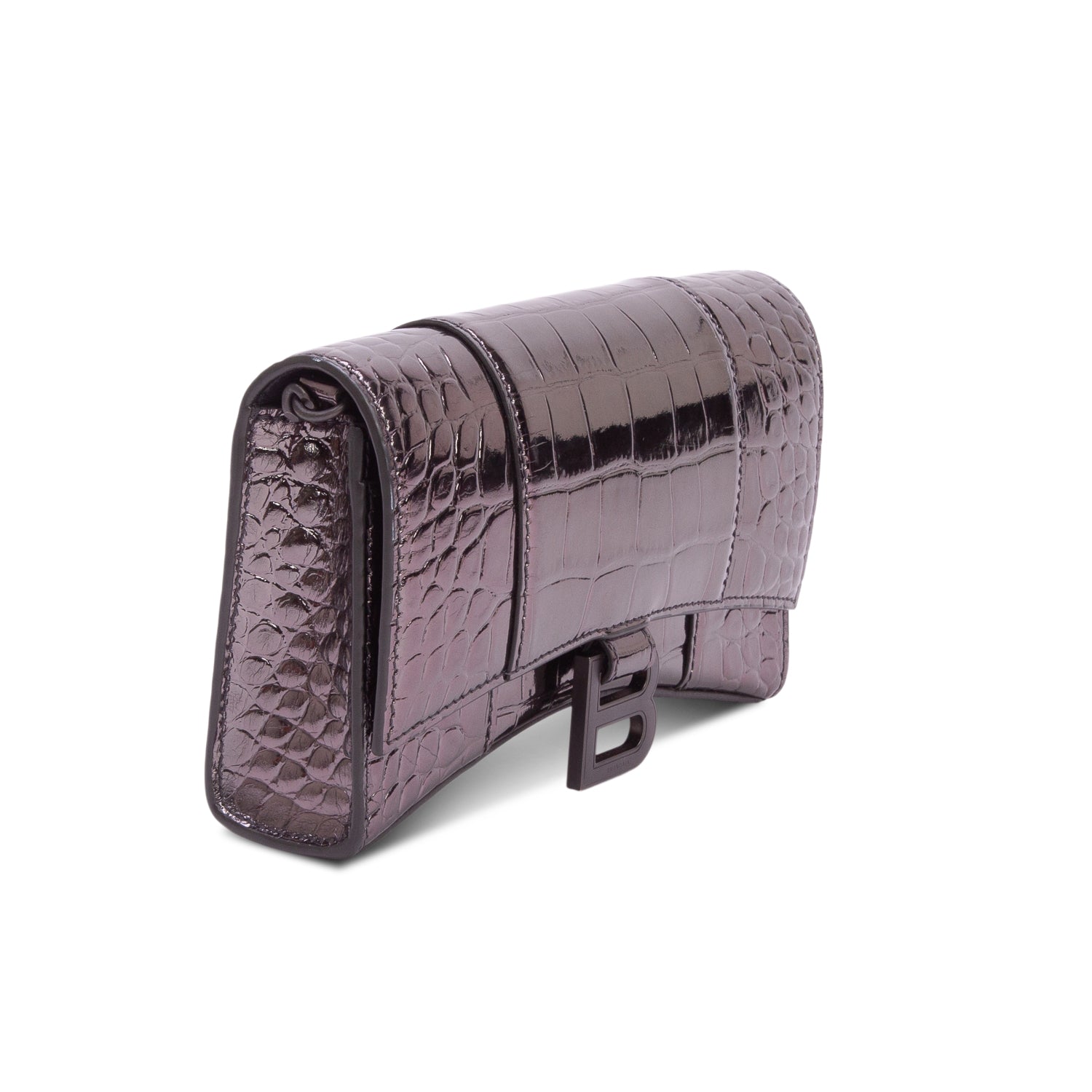 Balenciaga Grey Shiny Calfskin Croc Embossed Hourglass Wallet on Chain