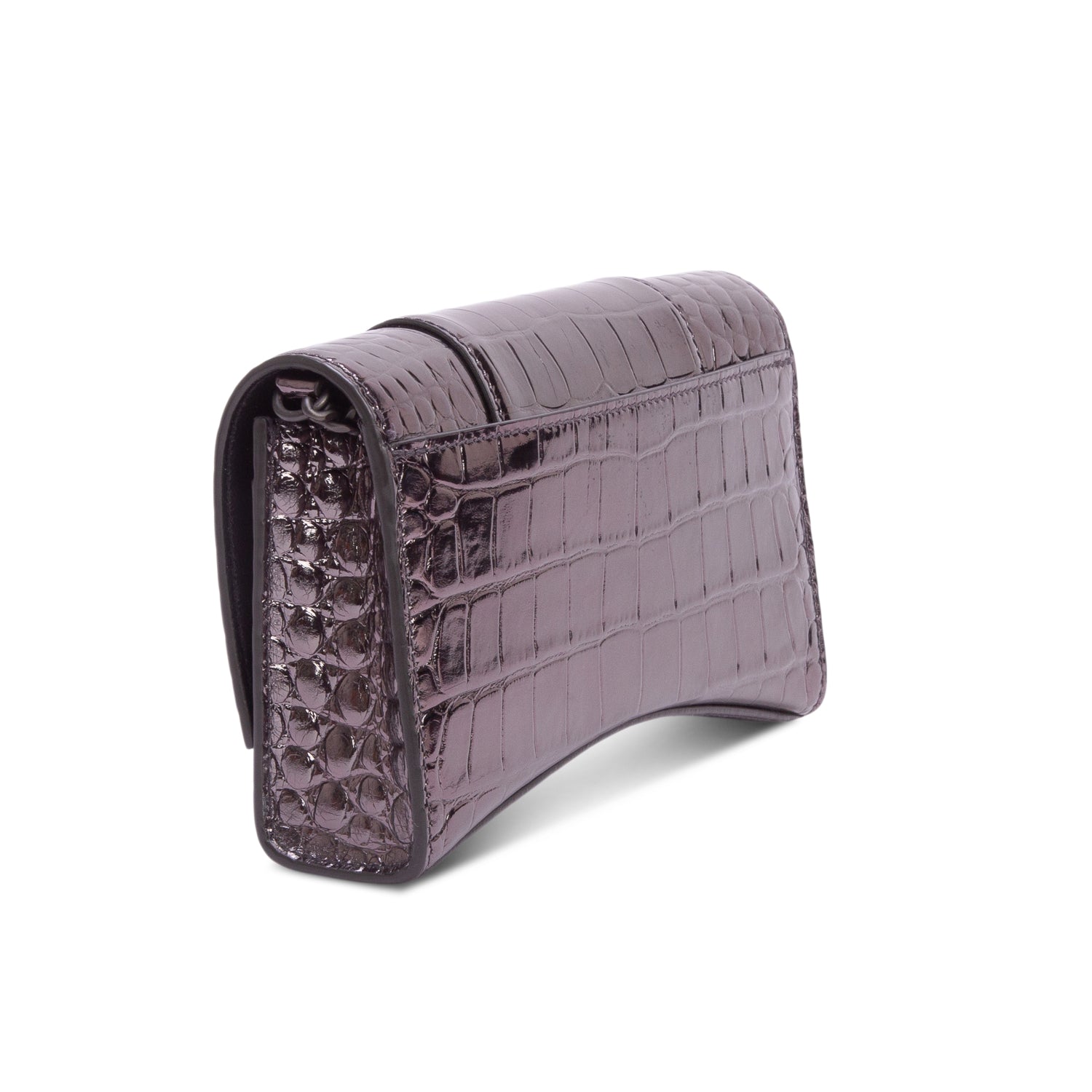 Balenciaga Grey Shiny Calfskin Croc Embossed Hourglass Wallet on Chain