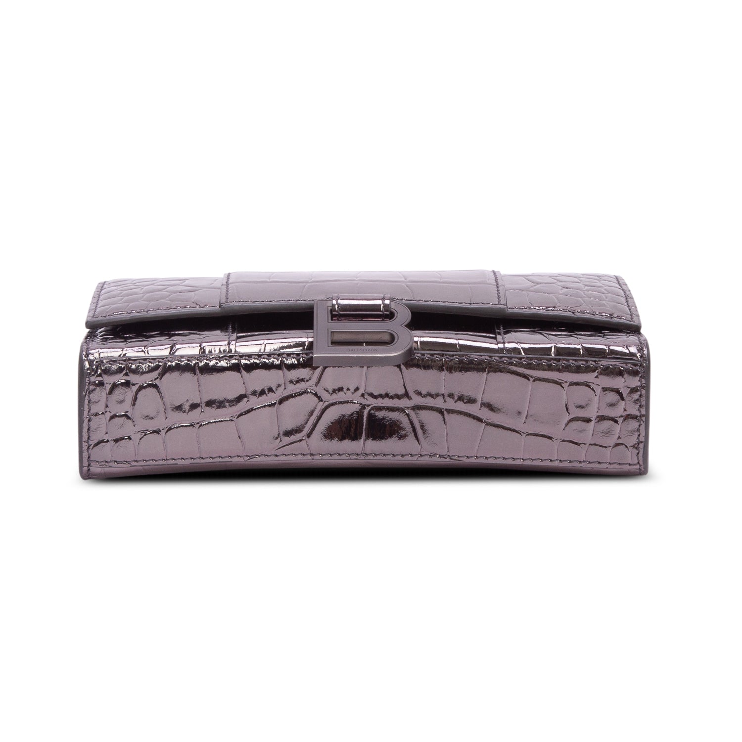 Balenciaga Grey Shiny Calfskin Croc Embossed Hourglass Wallet on Chain