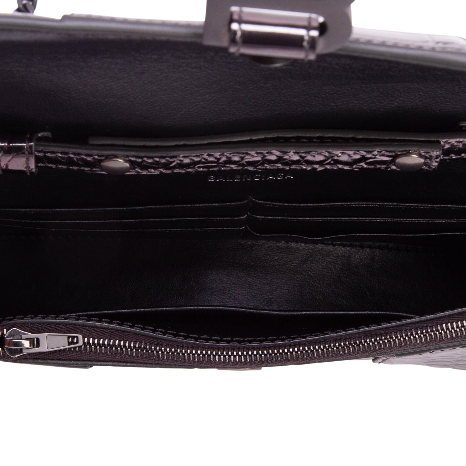Balenciaga Grey Shiny Calfskin Croc Embossed Hourglass Wallet on Chain