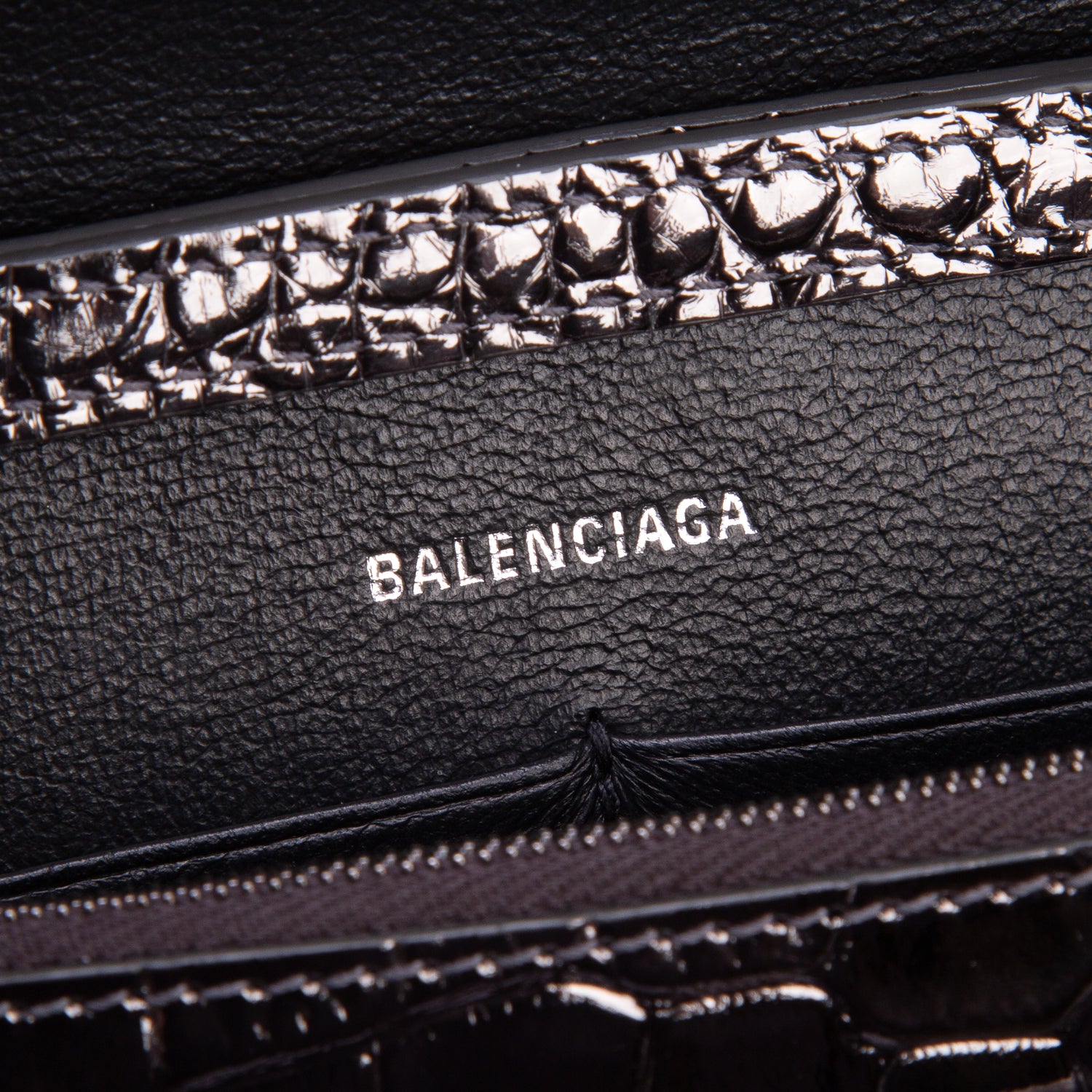 Balenciaga Grey Shiny Calfskin Croc Embossed Hourglass Wallet on Chain
