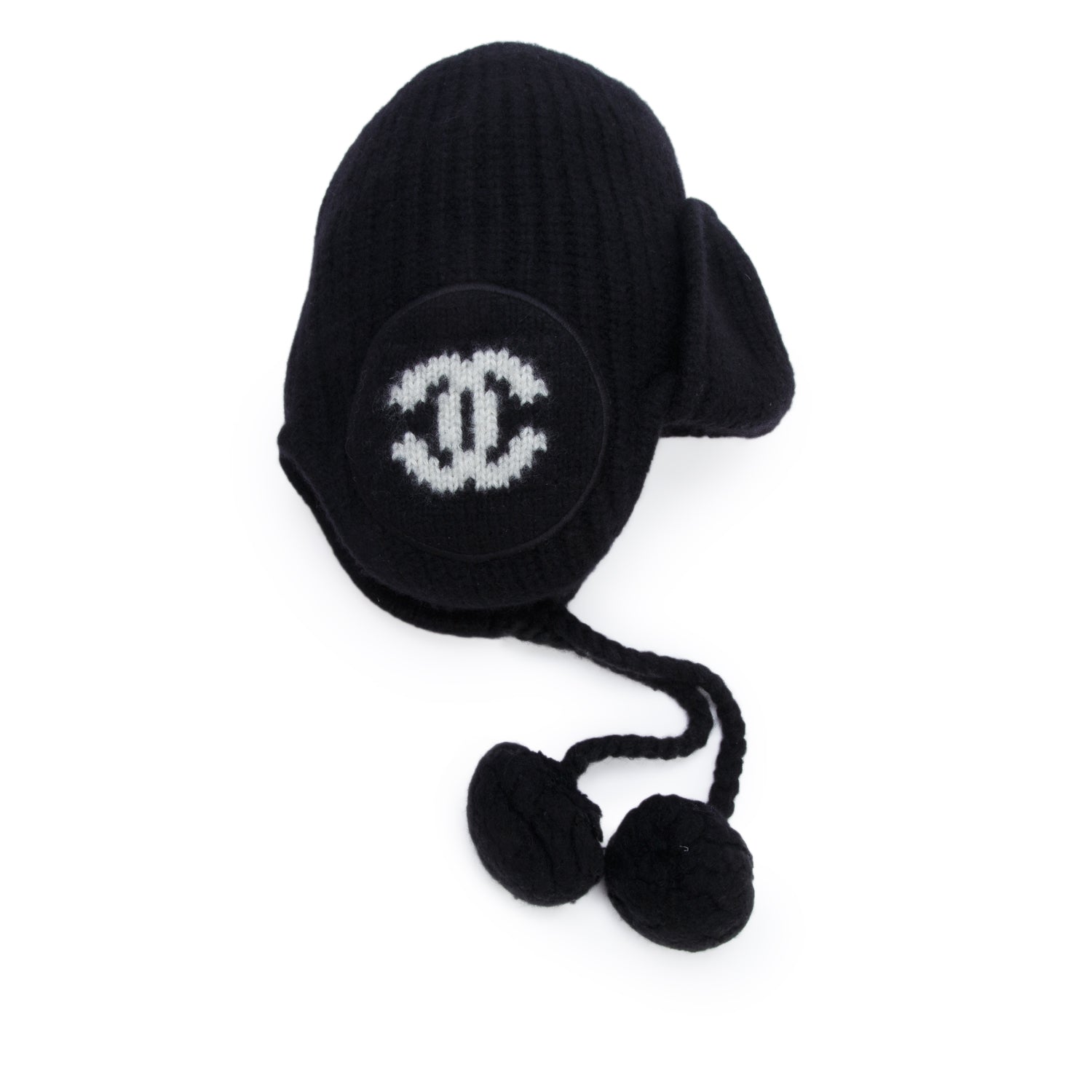 Chanel Black Cashmere Silk CC Logo Earmuffs Beanie