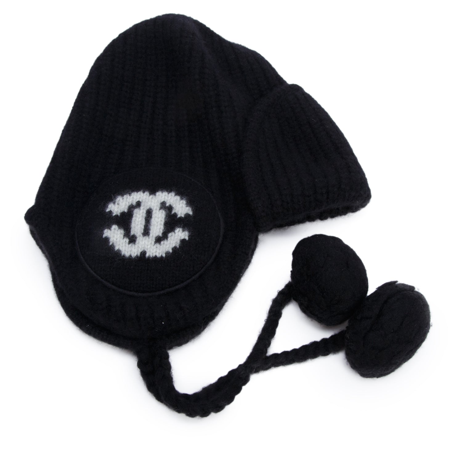 Chanel Black Cashmere Silk CC Logo Earmuffs Beanie