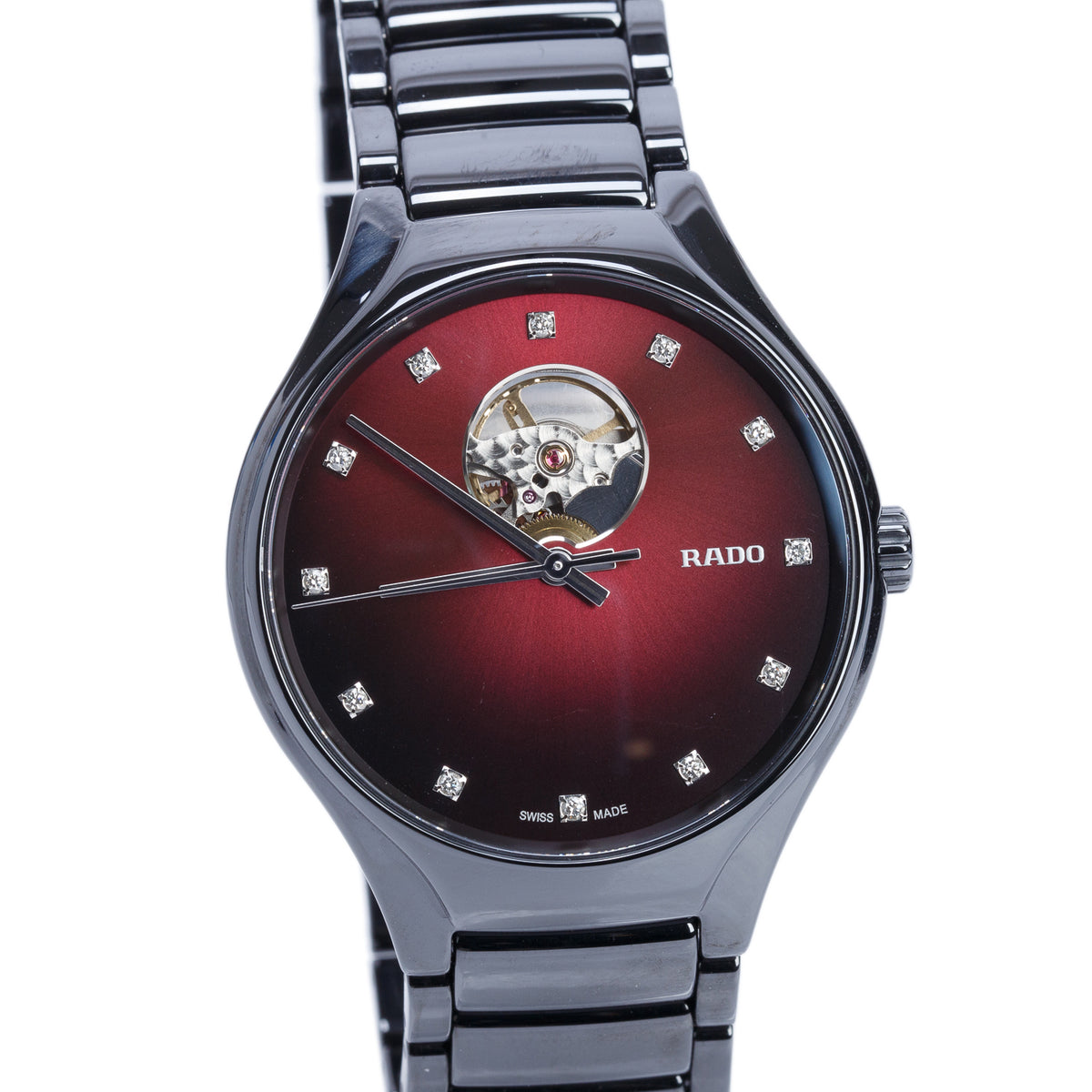 Rado 2025 Black High-Tech Ceramic True Round Secret 40 MM Automatic Watch Red Diamond Dial R27107742 w/ Box & Papers