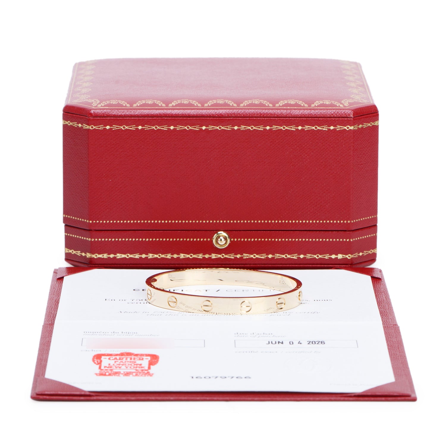 Cartier 2026 18k Yellow Gold Love Bracelet, Classic Model, Size 16 w/ Box & Certificate