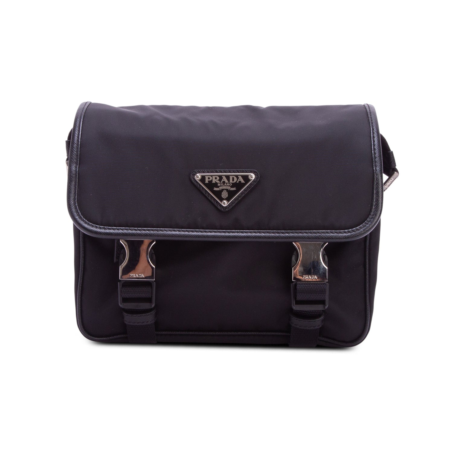 Prada Black Re-Nylon Vela Saffiano Pocket Double Buckle Messenger Bag